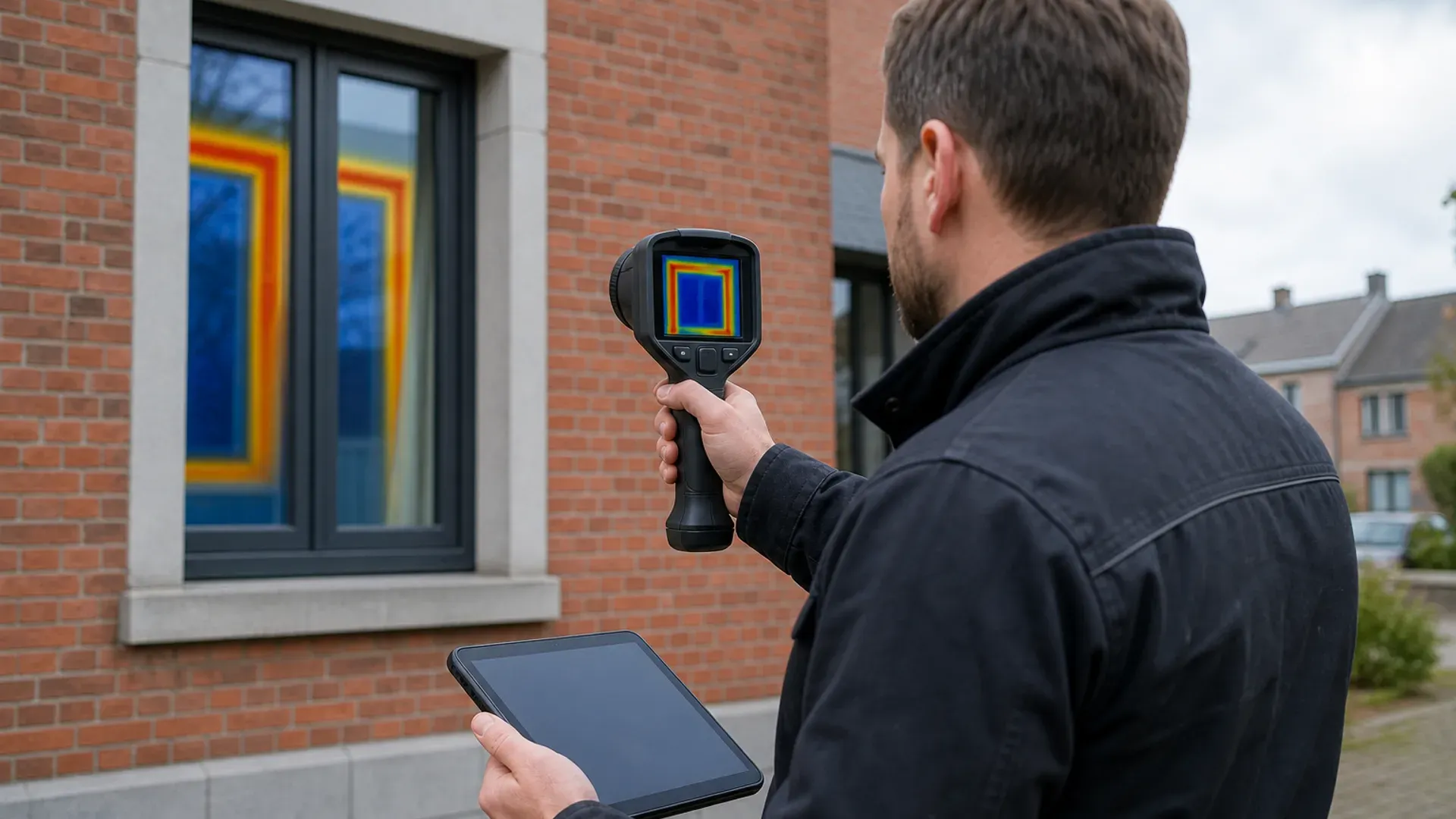 Auditeur realisant un releve par camera thermique sur une fenetre