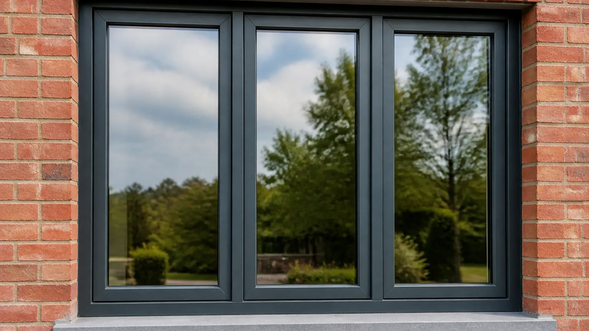 Chassis PVC anthracite a trois ouvrants dans une facade en brique