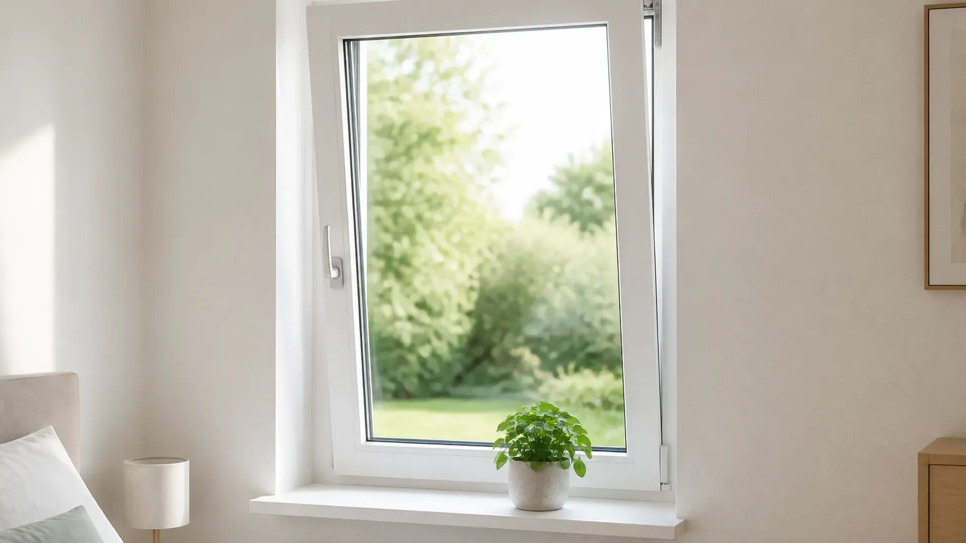 Fenetre PVC blanche oscillo-battante entrouverte vue de l interieur