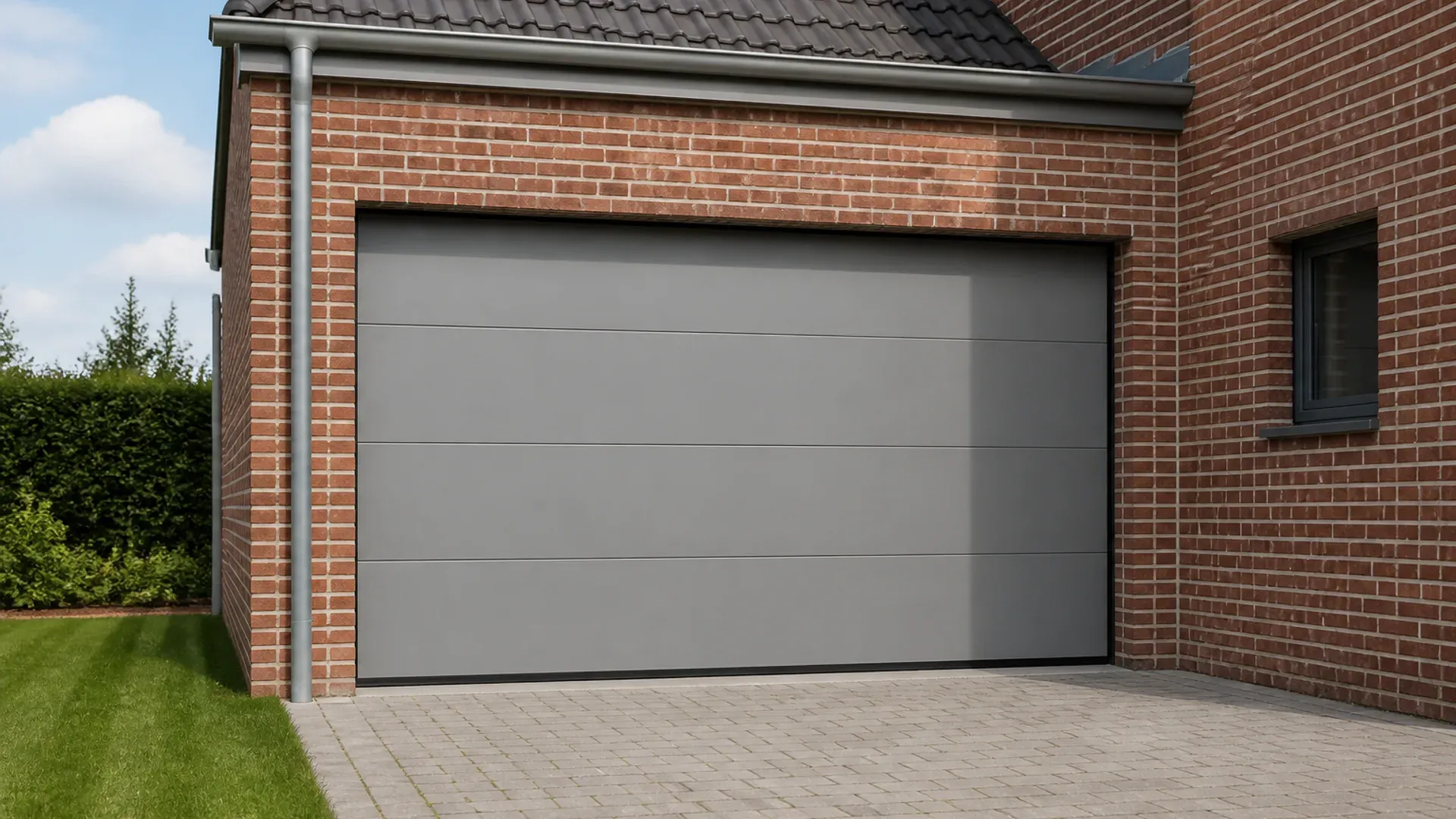 Porte de garage sectionnelle gris clair sur une maison en brique
